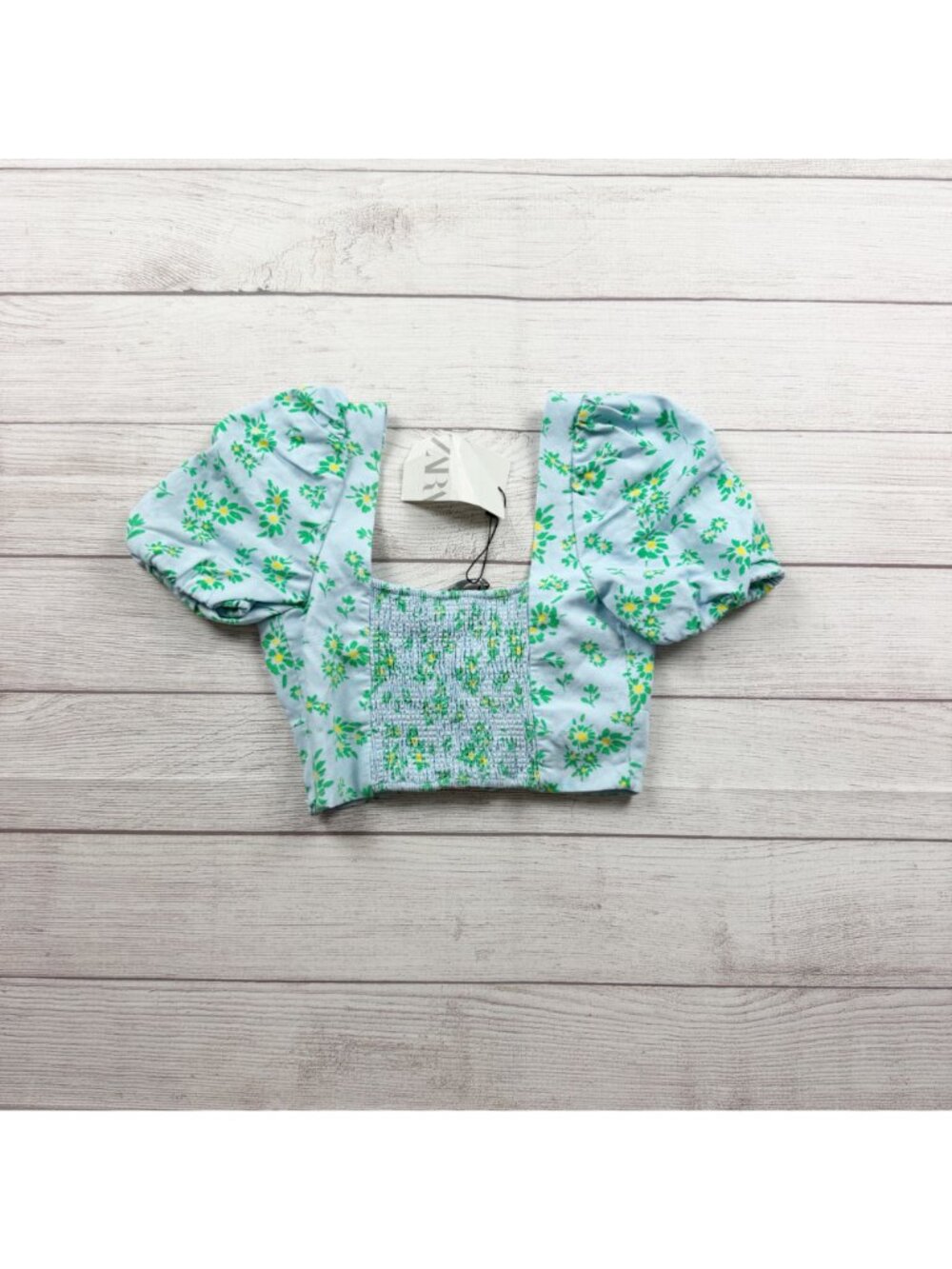 Zara Women's Blue Floral Crop Top Keyhole Tie Puff Sleeve NWT XS - Picture 4 of 6